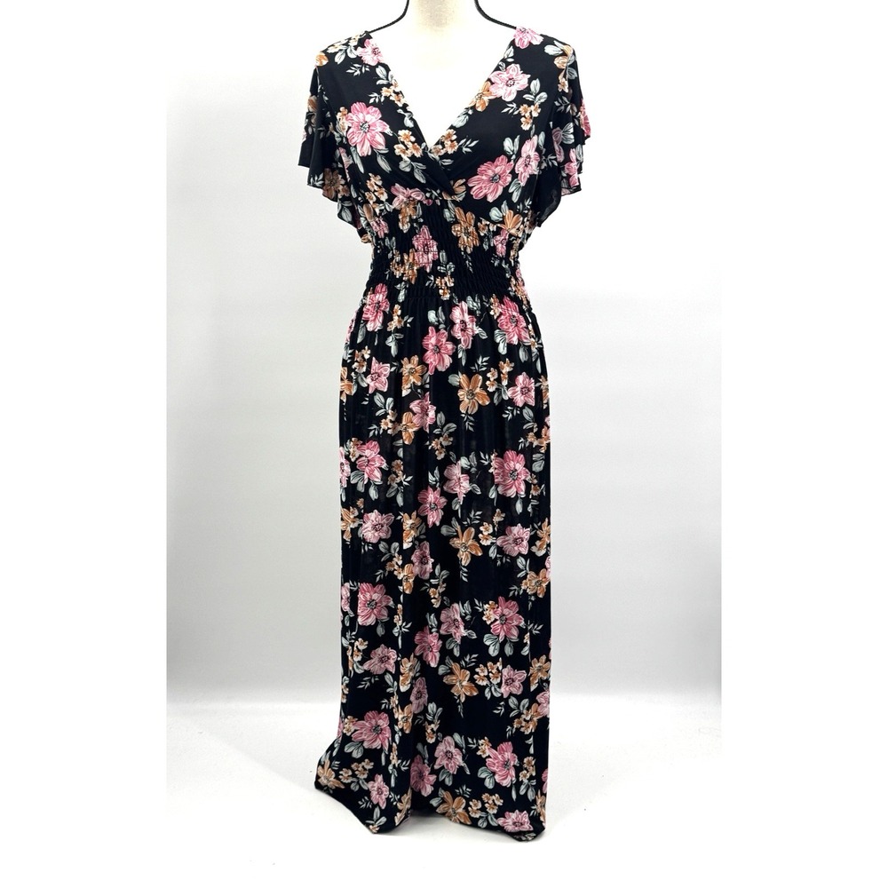 Tamsy Dark Floral Babydoll Maxi Dress OS Flutter Sleeve Stretch Whimsigoth Boho